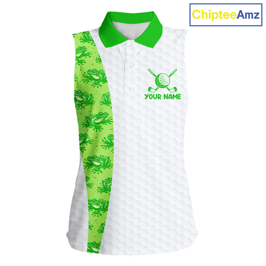 Funny Frog Green Womens Sleeveless Golf Polo Shirt Custom Women Golf Top, Personalized Golf Gifts NBT517
