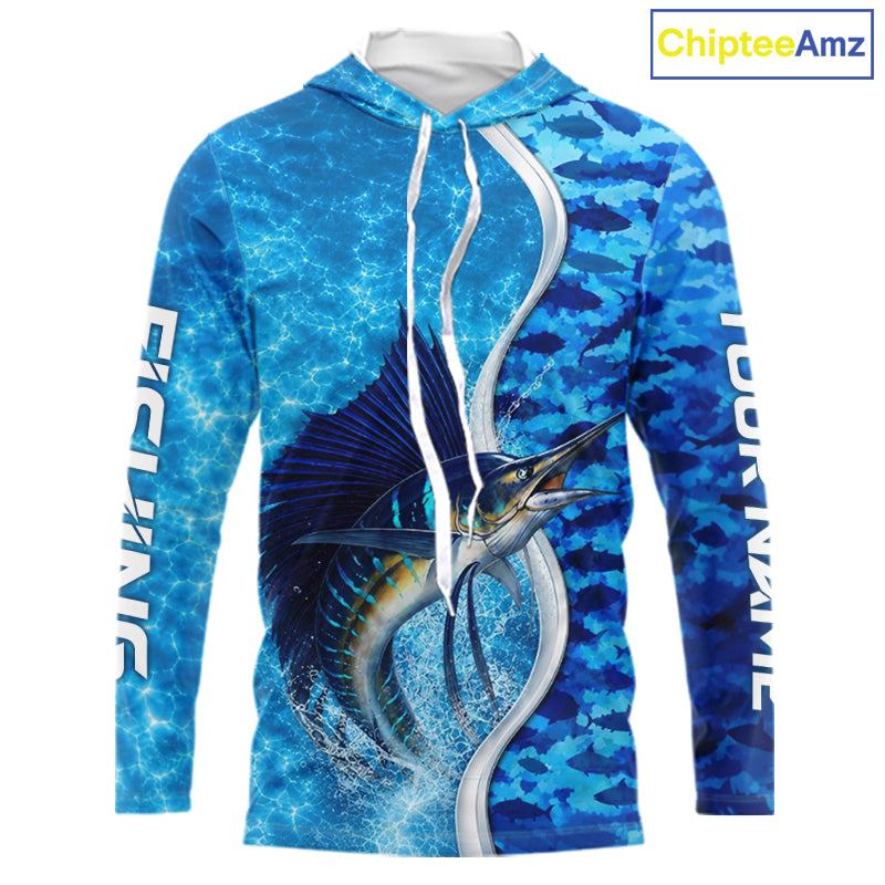 Front view of Sailfish fishing blue ocean camouflage performance long sleeve hooded fishing shirt for team