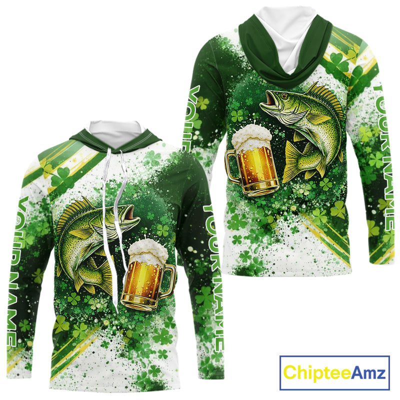 St Patrick Day Walleye Mens Long Sleeve Hooded Fishing Shirts UV Protetion, Walleye Fishing Shirts NBT384