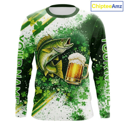St Patrick Day Walleye Mens Long Sleeve Fishing Shirts UV Protetion, Walleye Fishing Shirts NBT384