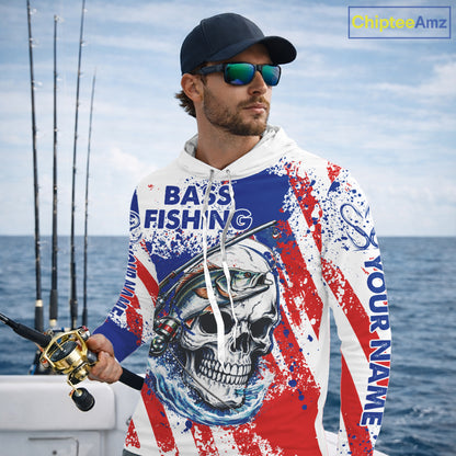 Custom American Flag Fishing Shirts Largemouth Bass Fishing Long Sleeve Hooded, Bass Fishing Shirts For Men NBT385