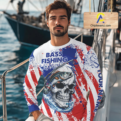 Custom American Flag Fishing Shirts Largemouth Bass Fishing Long Sleeve, Bass Fishing Shirts For Men NBT385