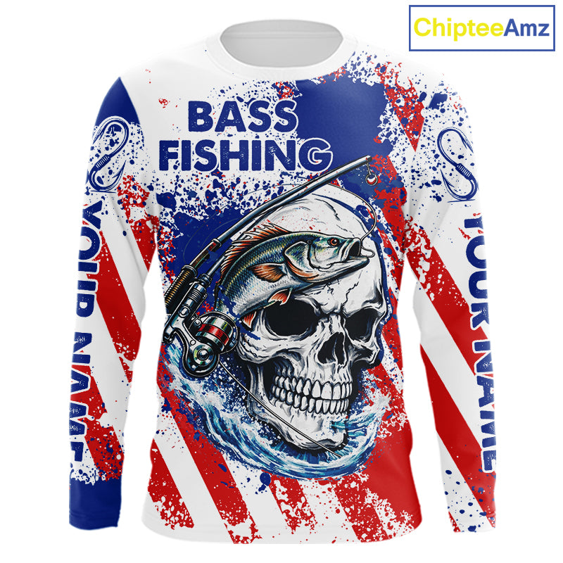 Custom American Flag Fishing Shirts Largemouth Bass Fishing Long Sleeve, Bass Fishing Shirts For Men NBT385
