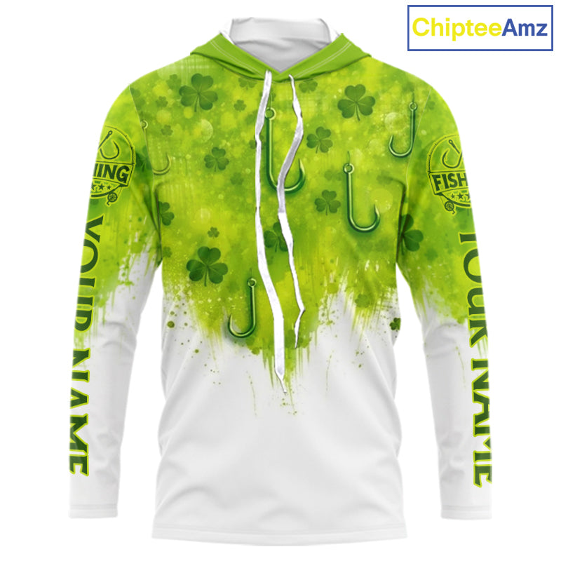 Personalized St Patrick's Day Shirts Fish Hook Long Sleeve Hooded Fishing Shirts, Mens Fishing Outfit NBT386