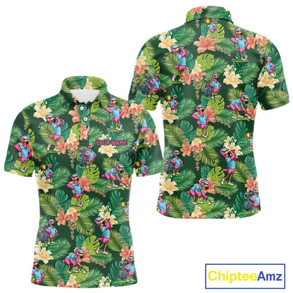 Funny Mens Golf Polo Shirt Custom Green Tropical Flower Flamingo Team Golf Shirts, Golf Gifts NBT660
