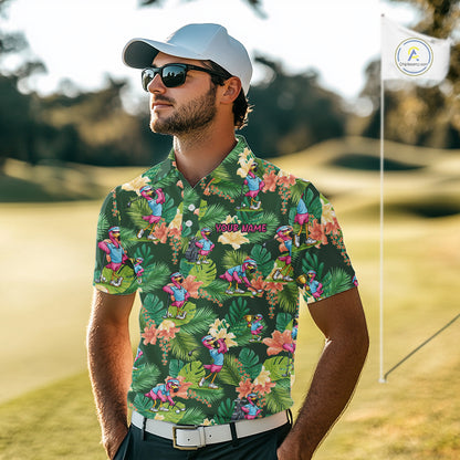 Funny Mens Golf Polo Shirt Custom Green Tropical Flower Flamingo Team Golf Shirts, Golf Gifts NBT660