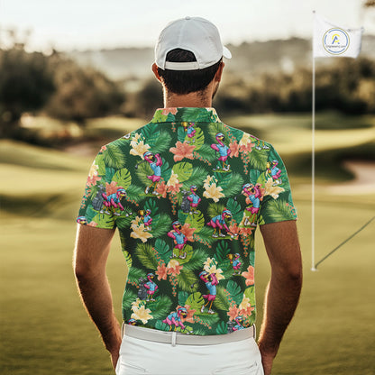 Funny Mens Golf Polo Shirt Custom Green Tropical Flower Flamingo Team Golf Shirts, Golf Gifts NBT660