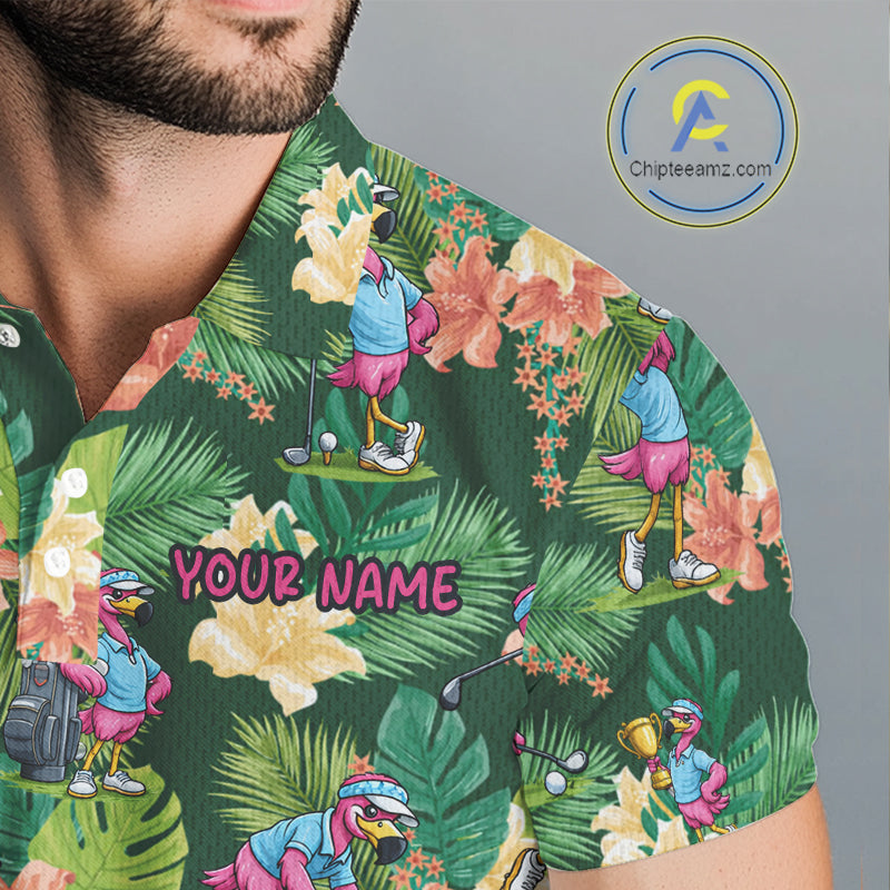 Funny Mens Golf Polo Shirt Custom Green Tropical Flower Flamingo Team Golf Shirts, Golf Gifts NBT660