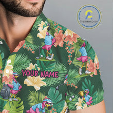 Load image into Gallery viewer, Funny Mens Golf Polo Shirt Custom Green Tropical Flower Flamingo Team Golf Shirts, Golf Gifts NBT660