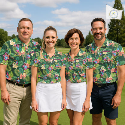 Funny Mens Golf Polo Shirt Custom Green Tropical Flower Flamingo Team Golf Shirts, Golf Gifts NBT660
