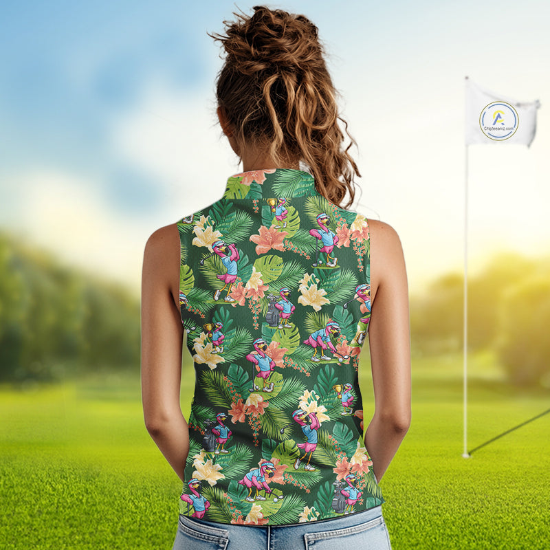 Funny Womens Sleeveless Golf Polo Shirt Custom Green Tropical Flower Flamingo Team Golf Shirts, Golf Gifts NBT660
