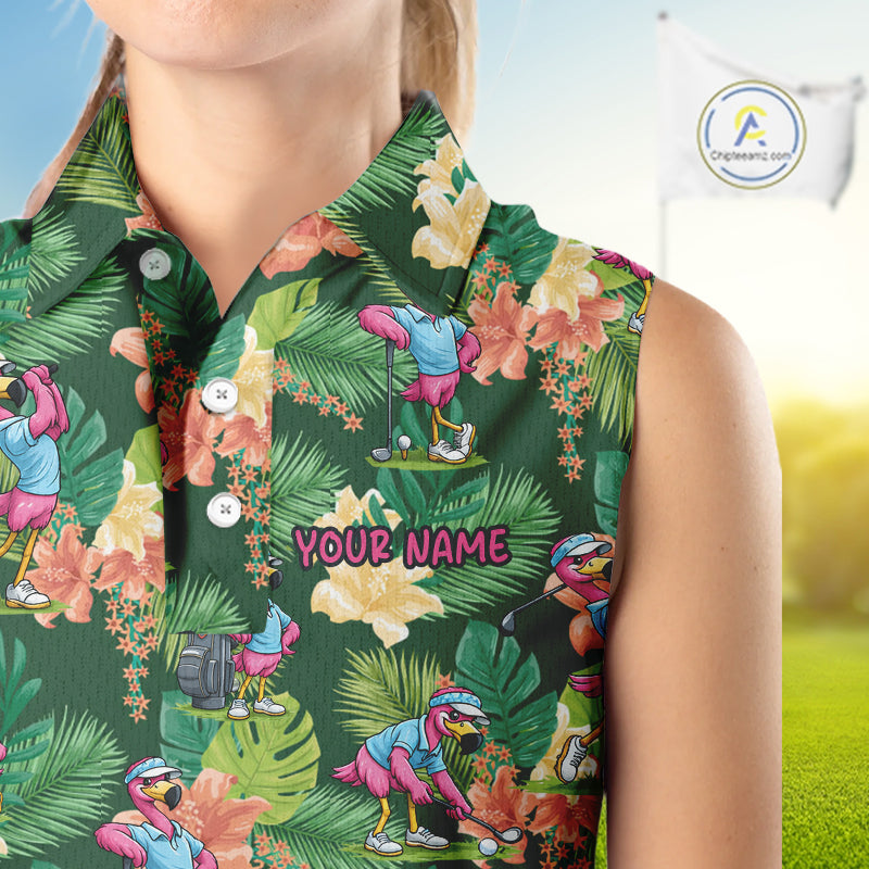 Funny Womens Sleeveless Golf Polo Shirt Custom Green Tropical Flower Flamingo Team Golf Shirts, Golf Gifts NBT660