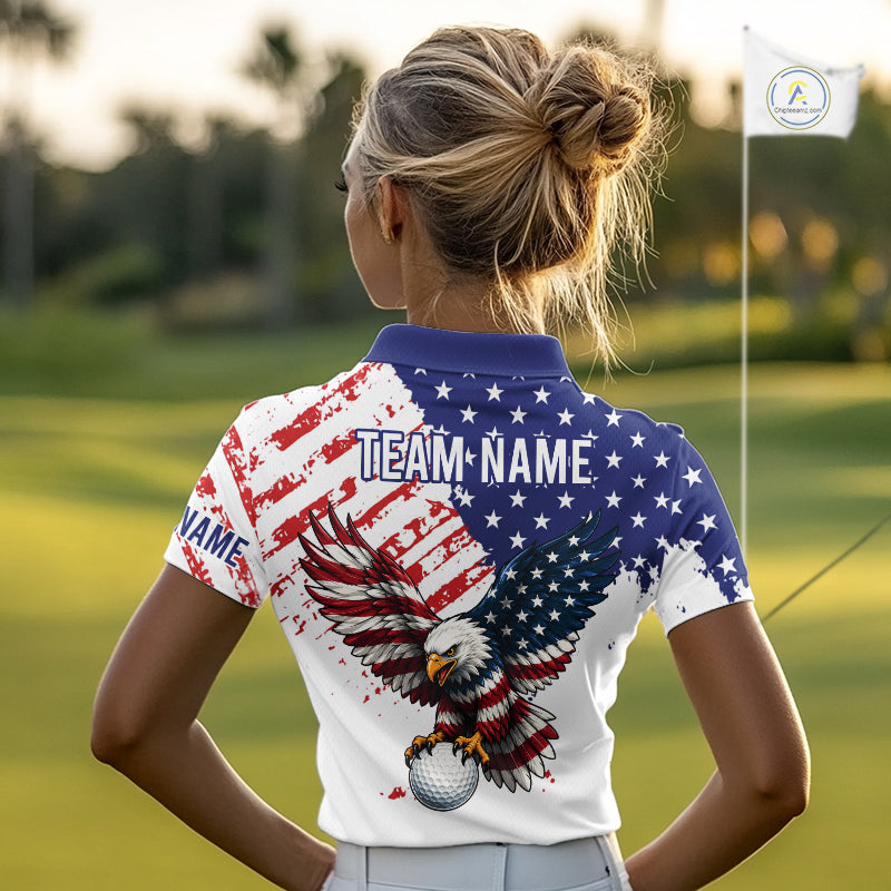 Person wearing a golf shirt with an eagle design and 'Team Name' text on a golf course.