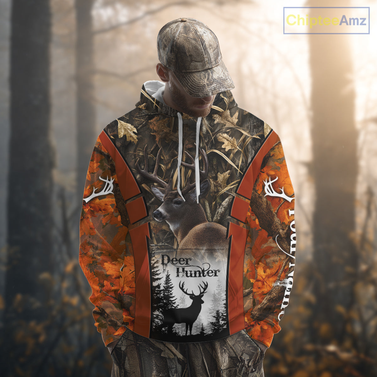 Customized Name Whitetail Deer Hunting Orange Camo Hoodie 3D Shirt, Gift for Hunters NBT297