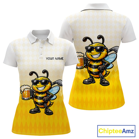 Funny Bee Golf Polo Shirt For Women, Cute Bee With Beer Print Shirt, Sporty Animal Golf Gift|Yellow NBT663