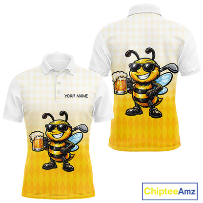 Funny Bee Golf Polo Shirt For Men, Cute Bee With Beer Print Shirt, Sporty Animal Golf Gift|Yellow NBT663