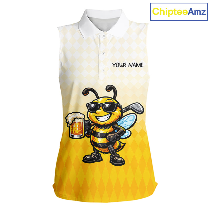 Funny Bee Sleeveless Golf Polo Shirt For Women, Cute Bee With Beer Print Shirt, Sporty Animal Golf Gift|Yellow NBT663