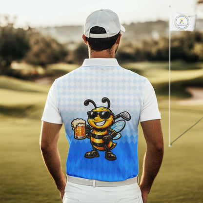 Funny Bee Golf Polo Shirt For Men, Cute Bee With Beer Print Shirt, Sporty Animal Golf Gift|Blue NBT664