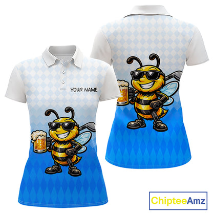 Funny Bee Golf Polo Shirt For Women, Cute Bee With Beer Print Shirt, Sporty Animal Golf Gift|Blue NBT664