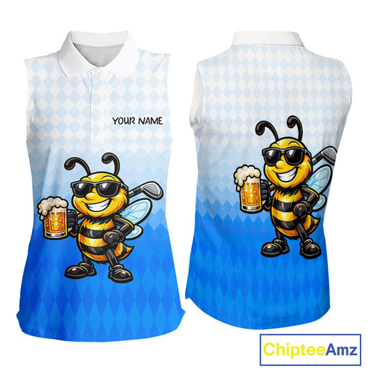 Funny Bee Sleeveless Golf Polo Shirt For Women, Cute Bee With Beer Print Shirt, Sporty Animal Golf Gift|Blue NBT664