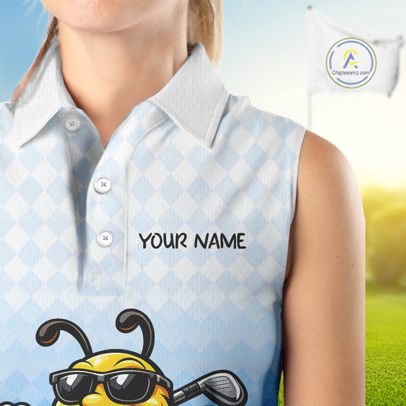 Funny Bee Sleeveless Golf Polo Shirt For Women, Cute Bee With Beer Print Shirt, Sporty Animal Golf Gift|Blue NBT664