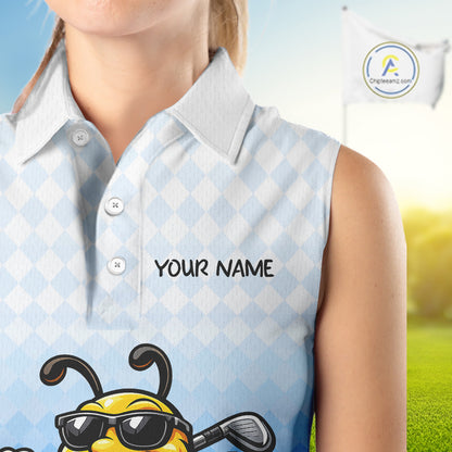 Funny Bee Sleeveless Golf Polo Shirt For Women, Cute Bee With Beer Print Shirt, Sporty Animal Golf Gift|Blue NBT664