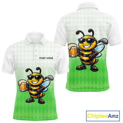 Funny Bee Golf Polo Shirt For Men, Cute Bee With Beer Print Shirt, Sporty Animal Golf Gift|Green NBT665