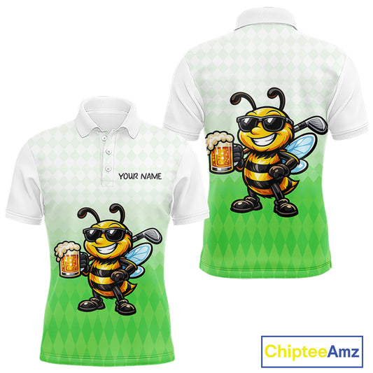 Funny Bee Golf Polo Shirt For Men, Cute Bee With Beer Print Shirt, Sporty Animal Golf Gift|Green NBT665