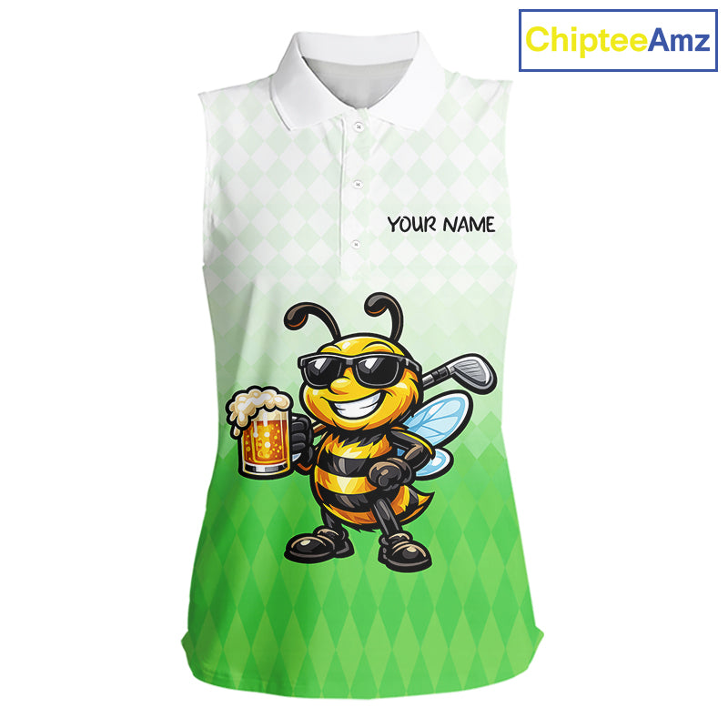 Funny Bee Sleeveless Golf Polo Shirt For Women, Cute Bee With Beer Print Shirt, Sporty Animal Golf Gift|Green NBT665