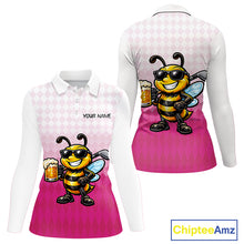 Load image into Gallery viewer, Funny Bee Golf Polo Shirt For Women, Cute Bee With Beer Print Shirt, Sporty Animal Golf Gift|Pink NBT666