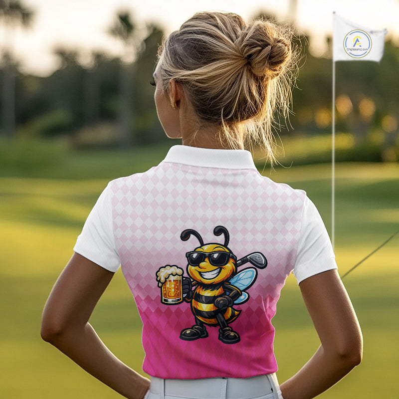Funny Bee Golf Polo Shirt For Women, Cute Bee With Beer Print Shirt, Sporty Animal Golf Gift|Pink NBT666