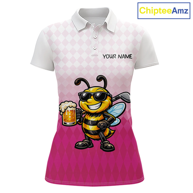 Funny Bee Golf Polo Shirt For Women, Cute Bee With Beer Print Shirt, Sporty Animal Golf Gift|Pink NBT666