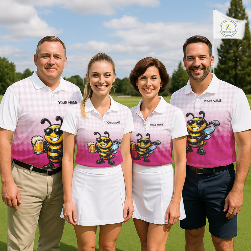 Funny Bee Golf Polo Shirt For Men, Cute Bee With Beer Print Shirt, Sporty Animal Golf Gift|Pink NBT666