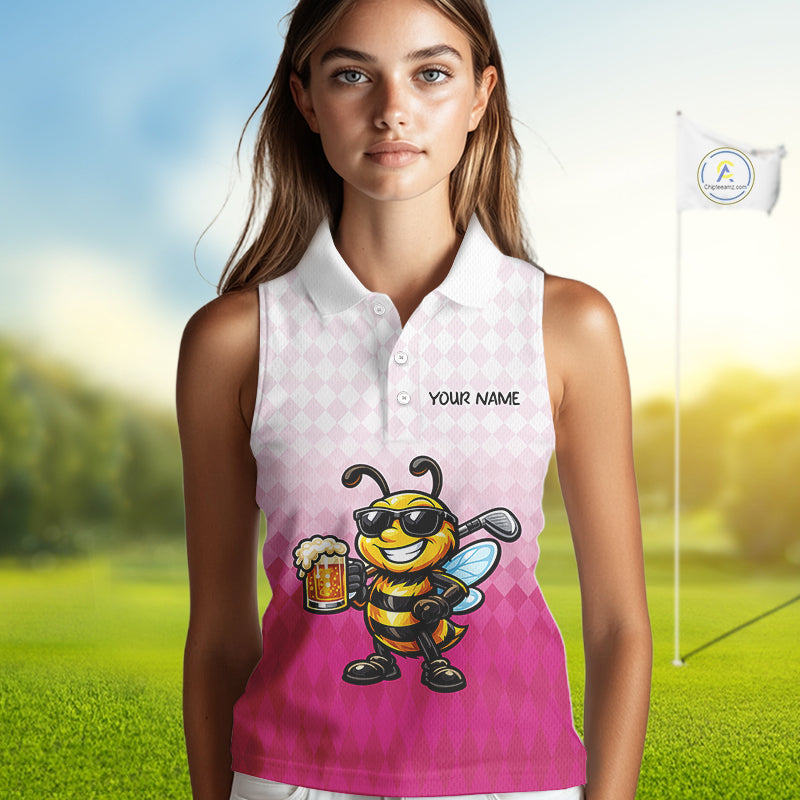 Funny Bee Sleeveless Golf Polo Shirt For Women, Cute Bee With Beer Print Shirt, Sporty Animal Golf Gift|Pink NBT666