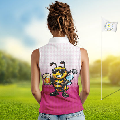 Funny Bee Sleeveless Golf Polo Shirt For Women, Cute Bee With Beer Print Shirt, Sporty Animal Golf Gift|Pink NBT666