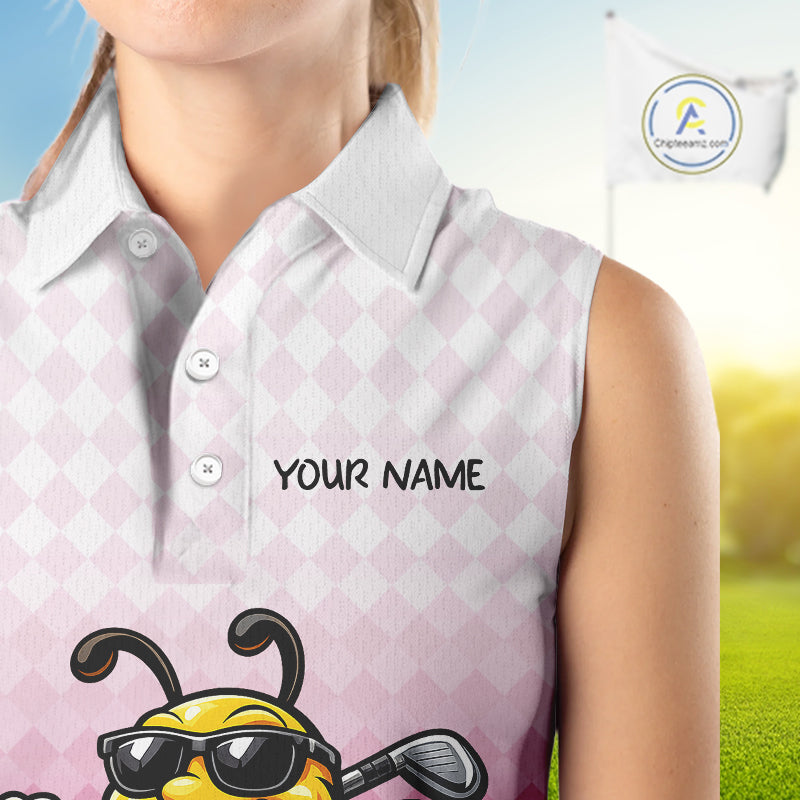 Funny Bee Sleeveless Golf Polo Shirt For Women, Cute Bee With Beer Print Shirt, Sporty Animal Golf Gift|Pink NBT666