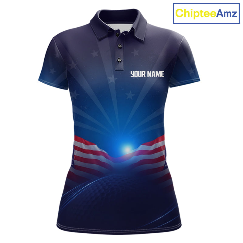Navy blue polo shirt with American flag design and 'Your Name' text 