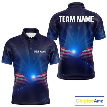 Navy blue polo shirt with American flag design on a white background,