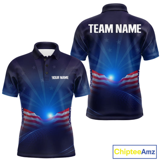 Navy blue polo shirt with American flag design on a white background,