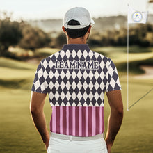 Load image into Gallery viewer, Man swinging golf club in custom black pink argyle skull golf polo
