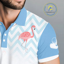 Load image into Gallery viewer, Close-up fabric of custom blue and white flamingo golf polo shirt 