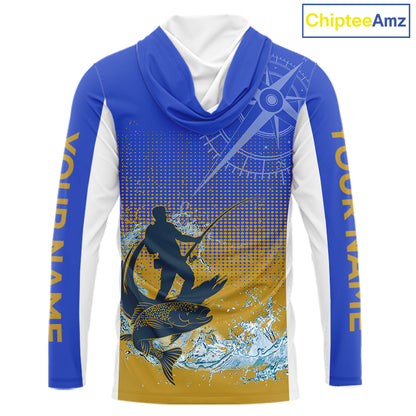 Trout Fishing Shirts Long Sleeve Fisherman Compass Blue And Yellow, Trout Fly Fishing Jerseys NBT389