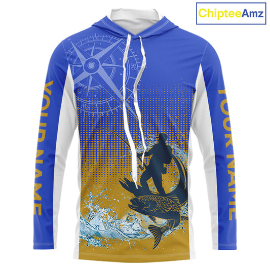 Trout Fishing Shirts Long Sleeve Fisherman Compass Blue And Yellow, Trout Fly Fishing Jerseys NBT389