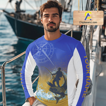 Trout Fishing Shirts Long Sleeve Fisherman Compass Blue And Yellow, Trout Fly Fishing Jerseys NBT389