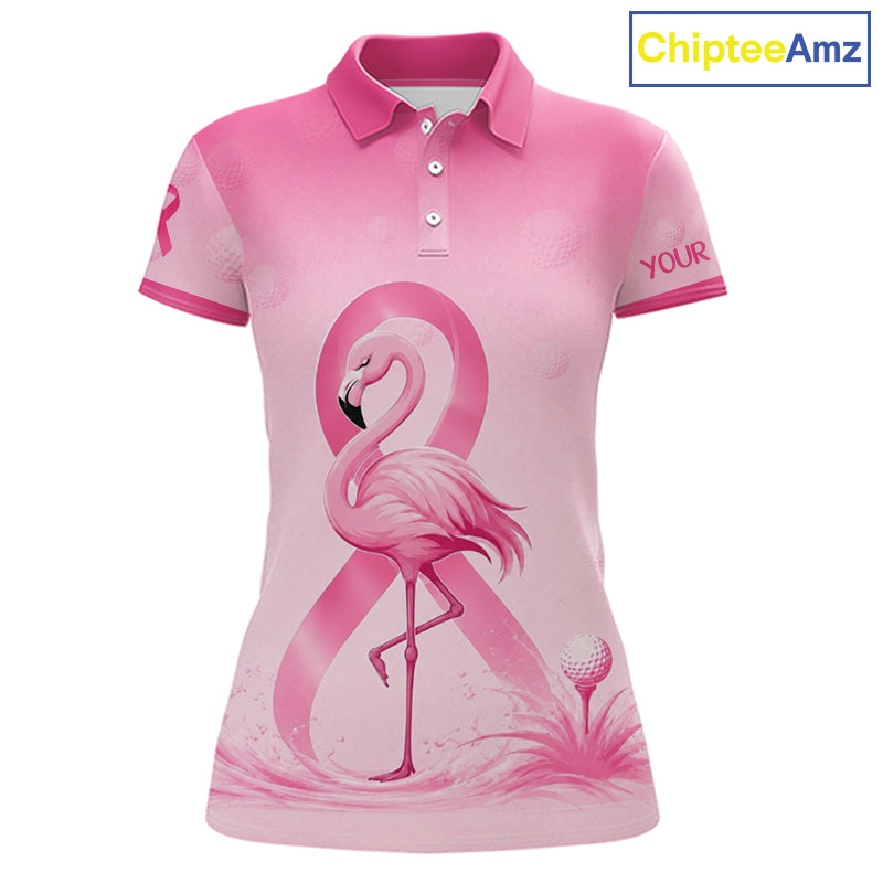 Pink breast cancer awareness golf polo shirt for women, funny flamingo design front view