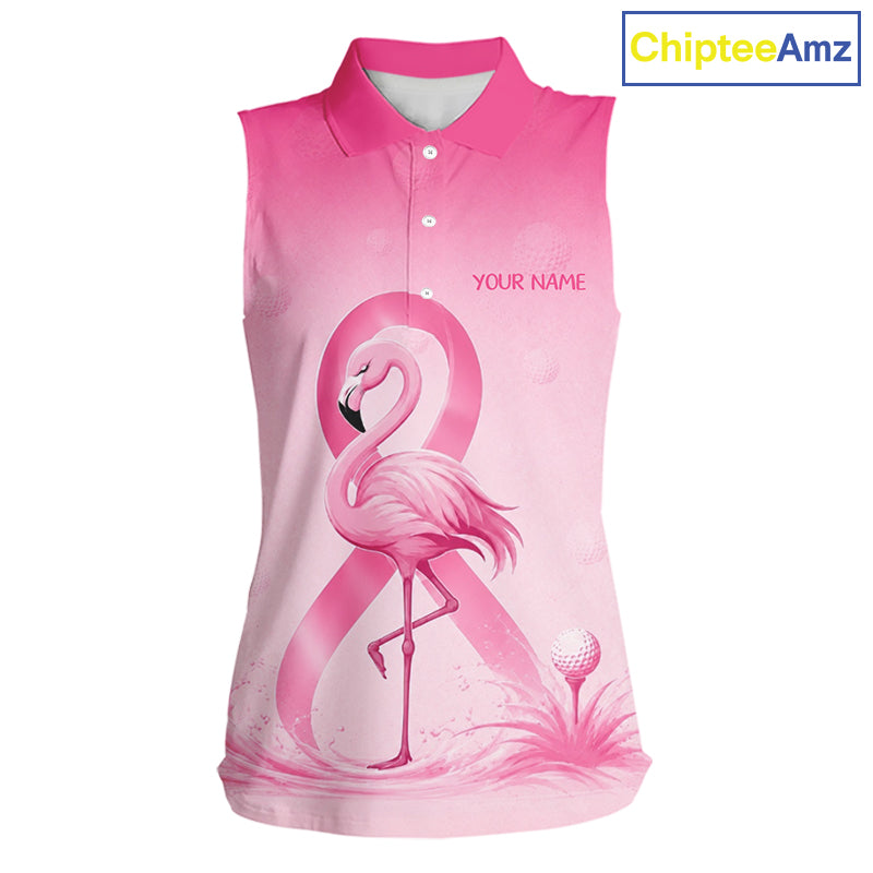 Pink breast cancer awareness sleeveless golf polo shirt for women, funny flamingo design front view