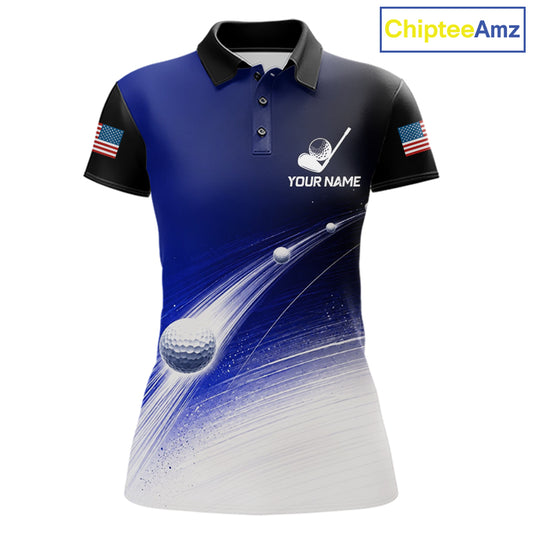 Blue Golf Ball Pattern American Flag Womens Golf Polo Shirts, Tournament Golf Shirts Golf Gifts NBT870
