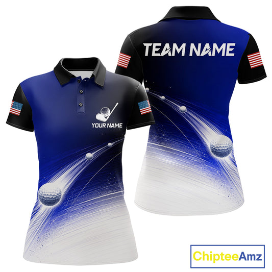 Blue Golf Ball Pattern American Flag Womens Golf Polo Shirts, Tournament Golf Shirts Golf Gifts NBT870