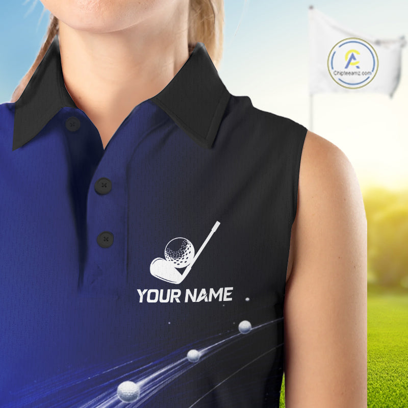 Blue Golf Ball Pattern American Flag Womens Sleeveless Tournament Golf Polo Shirts, Team Golf Shirts Golf Gifts NBT870