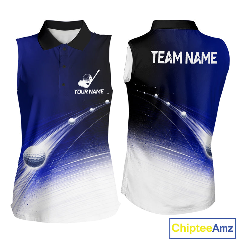 Blue Golf Ball Pattern American Flag Womens Sleeveless Tournament Golf Polo Shirts, Team Golf Shirts Golf Gifts NBT870